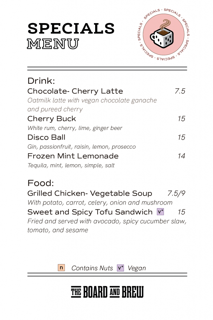 Board and clearance brew menu