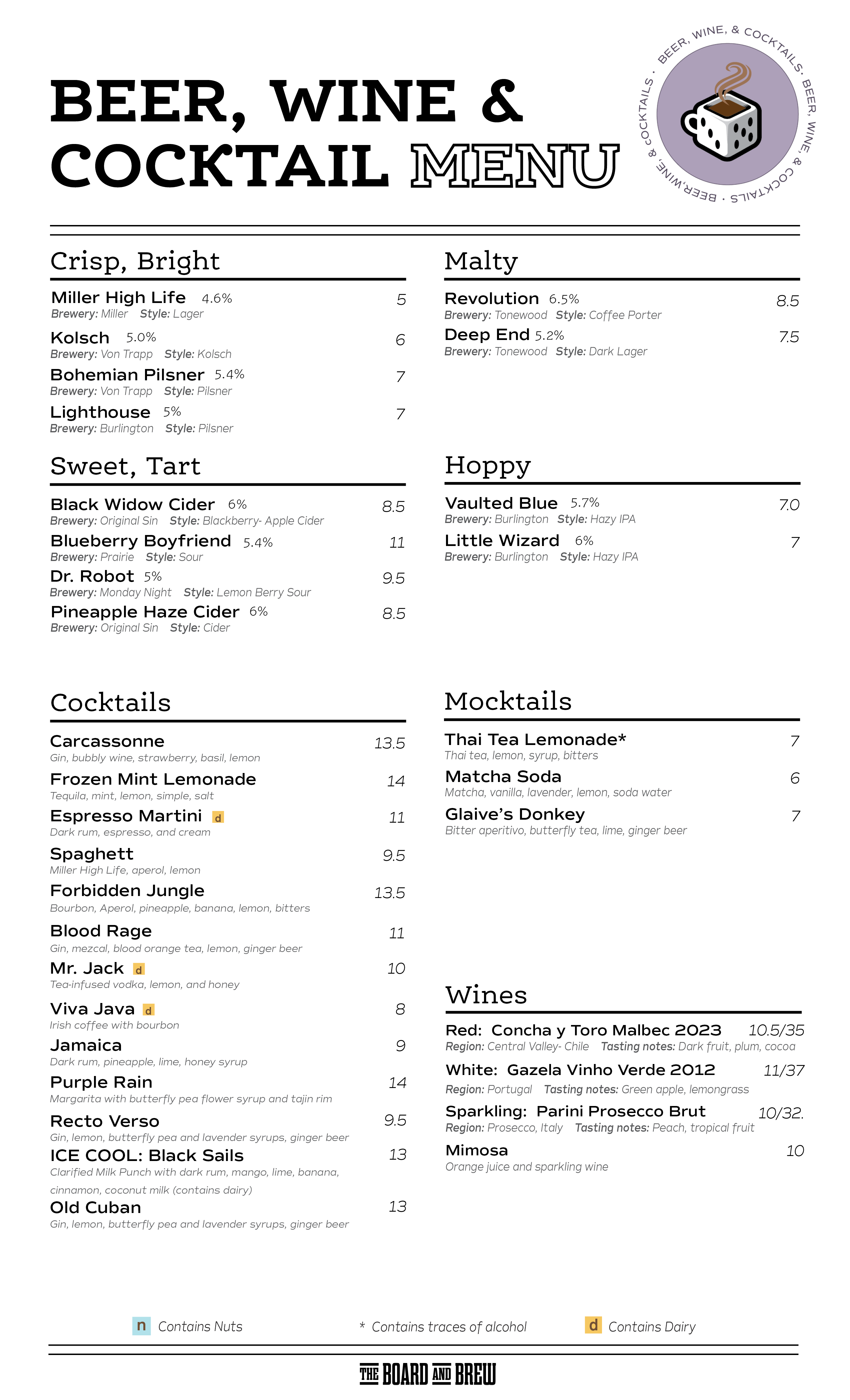 College Park Beer, Wine & Cocktail Menu